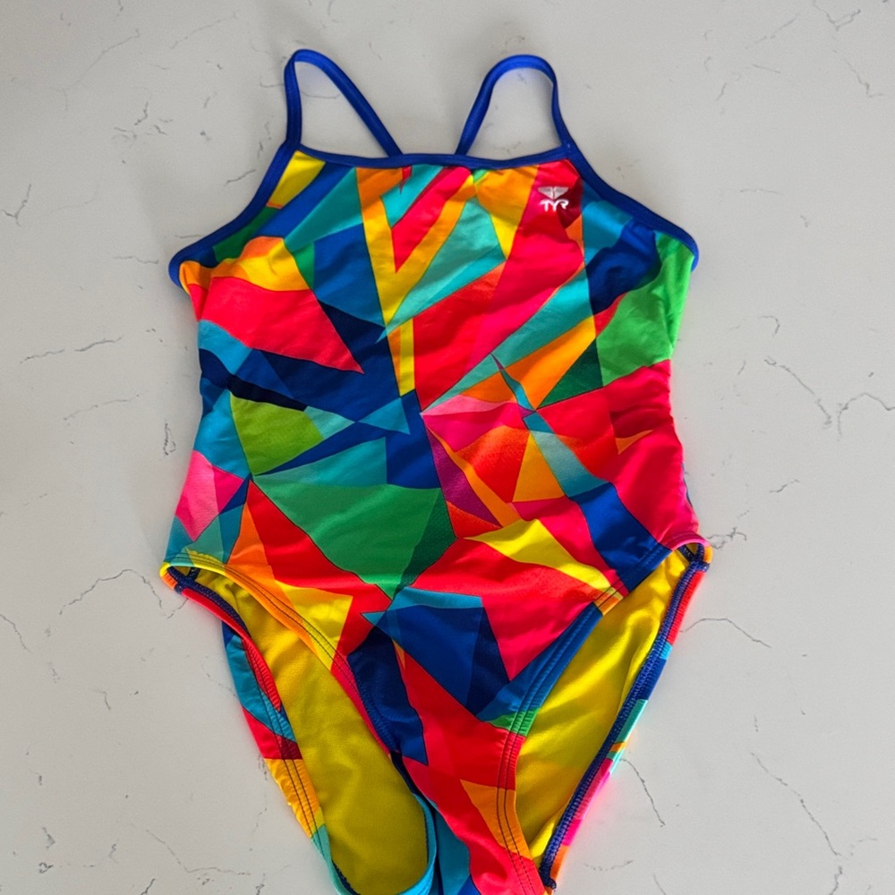 TYR size 34 8 Neon Geometric One-Piece Swimsuit - Blue Trim